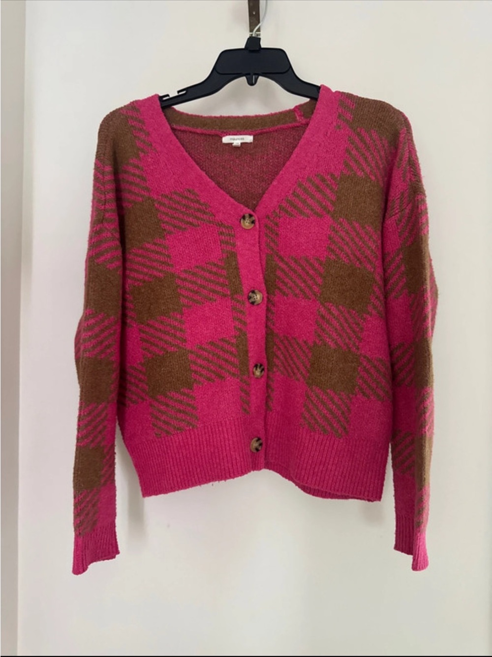 Maurices Hot Pink and Brown Checked V-Neck Cardigan